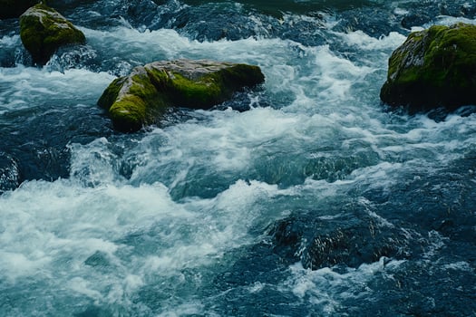 Moss Covered Rocks in Rushing River Water Flow. photo