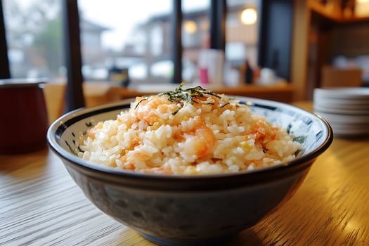 Delicious Shrimp Fried Rice Bowl with Seaweed Garnish. photo