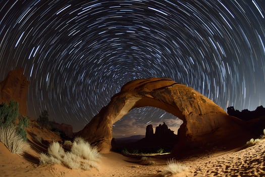 Desert Arch Under a Swirling Sky of Star Trails photo