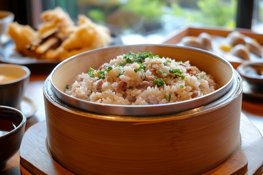 Steaming Hot Savory Rice Dish with Fresh Green Onion Garnish. photo