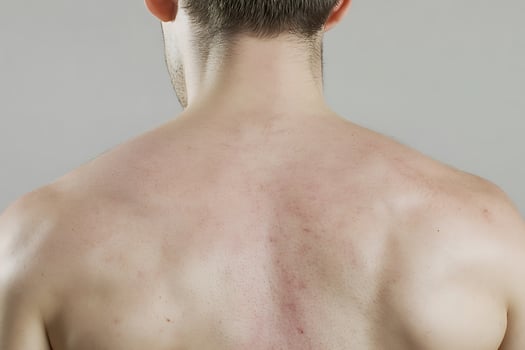 Close view of a man's bare back and neck with light hair. photo