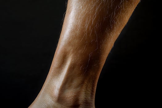 Close Up View of a Sweaty Leg with Fine Hairs Against a Dark Background. photo