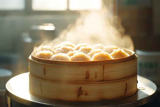 Steaming Dumplings in a Bamboo Steamer Basket with Soft Light. photo