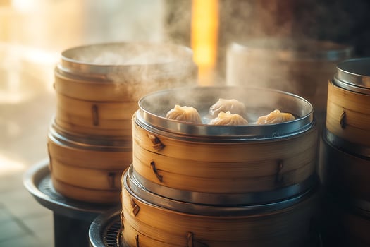 Steaming Dim Sum in Bamboo Baskets Ready to Enjoy. photo