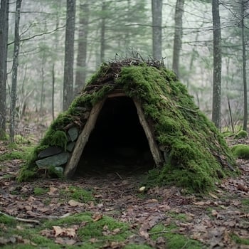 Rustic forest shelter built with natural materials in a misty woodland. photo