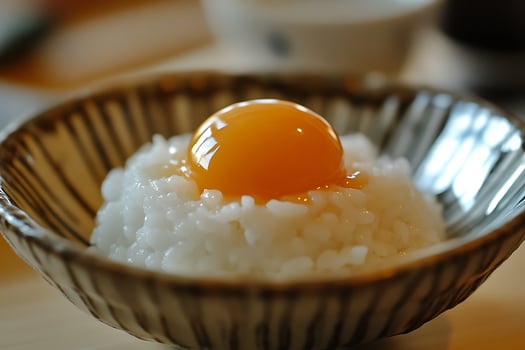 Delicious Raw Egg Yolk on Steaming White Rice Bowl. photo