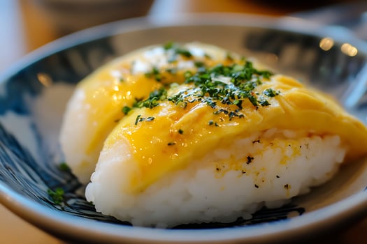 Delicious Tamago Nigiri Sushi With Chopped Chives on a Blue Plate. photo