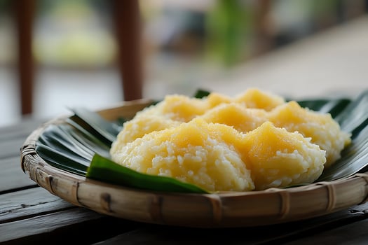 Delicious Yellow Sticky Rice Dessert Served in a Traditional Basket. photo