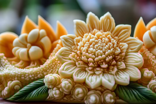 Intricate Edible Flower Carvings with Green Leaf Accents. photo