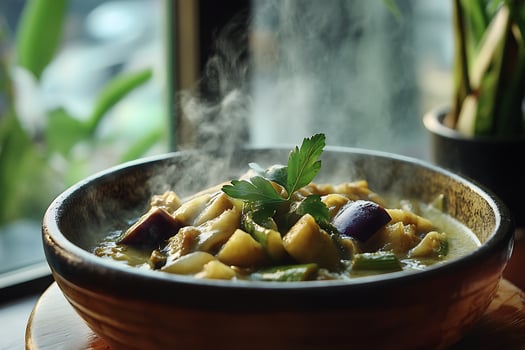 Steaming Bowl of Hearty Vegetable Stew Garnished with Fresh Parsley. photo