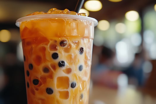 Iced Thai Tea With Boba Pearls In A Clear Plastic Cup photo