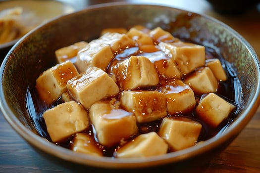 Delicious Silken Tofu Cubes in Savory Sauce Close Up. photo