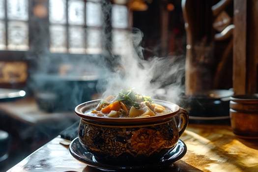 Steaming bowl of hearty vegetable soup on a rustic table. photo