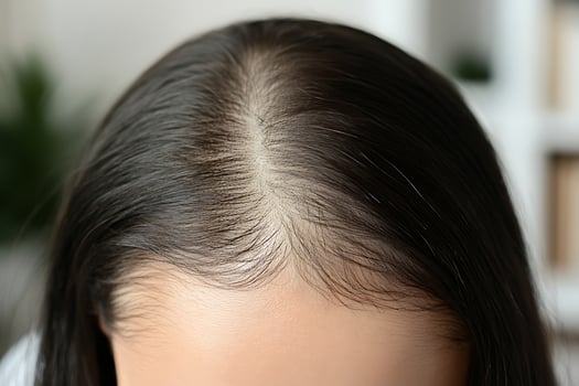 Close up of a person's scalp showing hair thinning and skin texture. photo