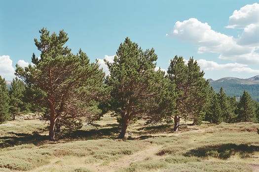 Serene Mountain Pines Under a Blue Sky with White Clouds. photo