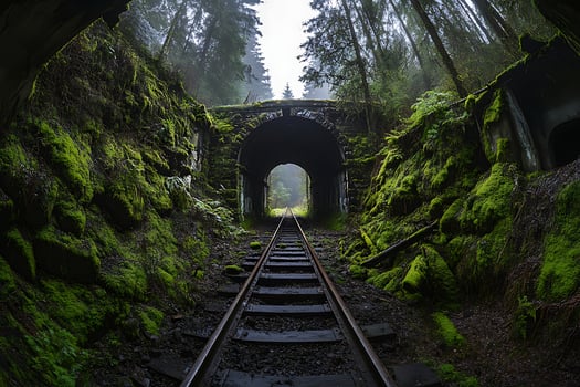 Abandoned railway tunnel overgrown with lush green moss. photo