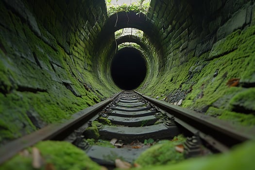 Ancient Moss Covered Tunnel with Railroad Tracks Leading to Darkness. photo