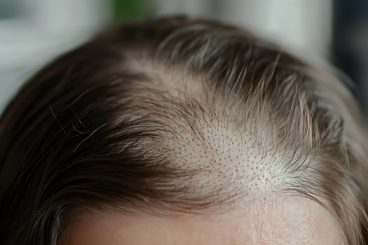 Extreme close up of a person's thinning hair and scalp. photo