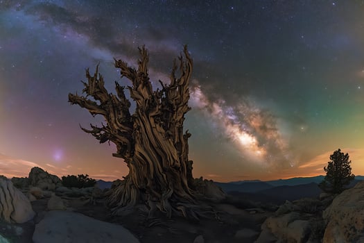 Ancient Bristlecone Pine Under a Milky Way Sky at Night. photo