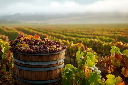 Full Wooden Barrel Overflowing With Ripe Grapes Amidst Vineyard Harvest. photo