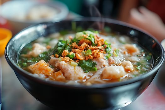 Steaming Bowl of Delicious Noodle Soup with Pork and Toppings. photo