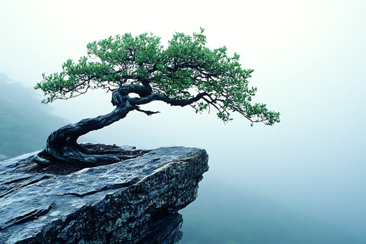 Resilient Tree Clings to Rocky Cliff Edge in Misty Landscape. photo