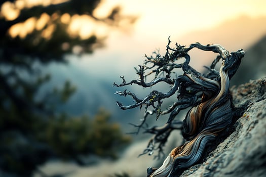 Ancient Twisted Tree Clinging to Rocky Mountain Summit Sunrise. photo