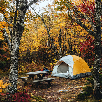 Autumn Camping Adventure Tent and Picnic Table in Colorful Woods. photo