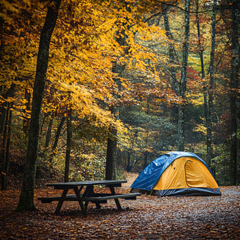 Autumn Camping Adventure Tent and Picnic Table in a Fall Forest. photo