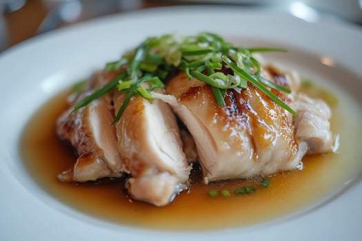 Delicious Sliced Chicken Dish with Savory Sauce and Green Onions. photo