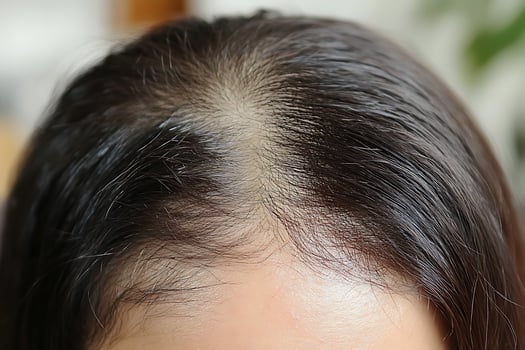 Close up of a person's scalp showing thinning dark hair strands. photo