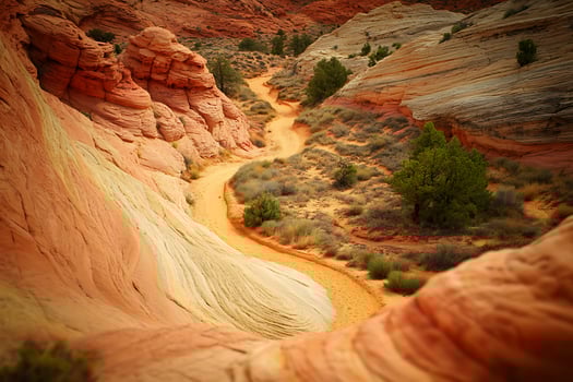 Scenic desert canyon path winds through striped sandstone formations. photo