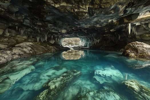 Crystal Clear Underground River Reflects Cave Formations and Icicles. photo