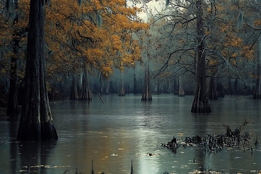 Eerie Cypress Swamp with Golden Autumn Foliage and Misty Atmosphere. photo