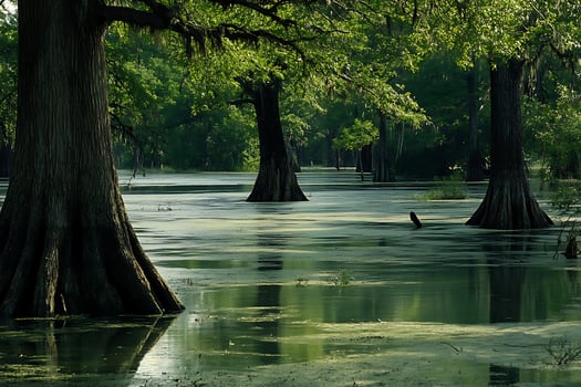 Ancient Cypress Trees Stand Tall in a Misty Swamp Ecosystem. photo