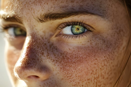 Close up of a young woman's face with freckles and green eyes in sunlight. photo