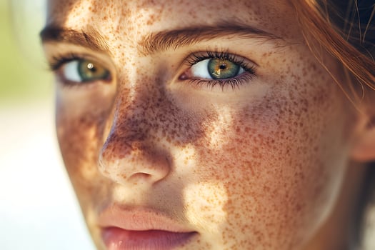 Sun Kissed Freckles on a Young Face Catching the Light. photo