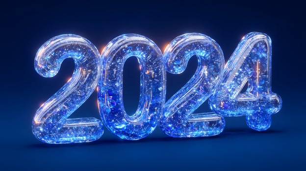 Sparkling 2024 Number Graphic on Blue with Happy New Year Celebration, and Modern Festive Design. photo
