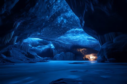 Enchanted Ice Cave with Sparkling Blue Lights and Lone Explorer. photo