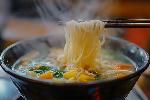 Savory Steaming Noodles Lifted by Chopsticks in a Bowl. photo