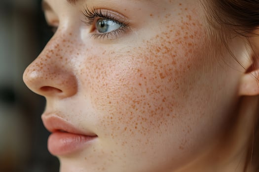 Captivating Close Up of a Woman's Face with Natural Freckles. photo