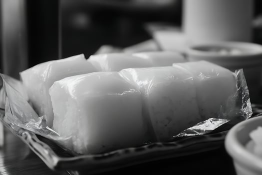 Close Up of Freshly Made Rice Cakes in Plastic Packaging. photo