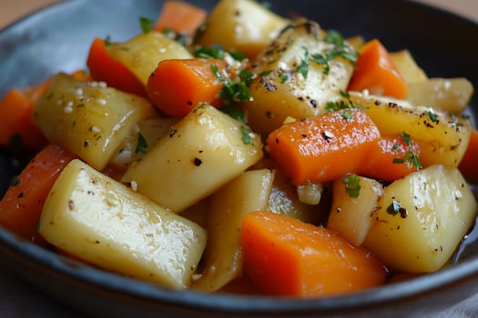 Delicious Roasted Potatoes and Carrots with Fresh Parsley Garnish. photo