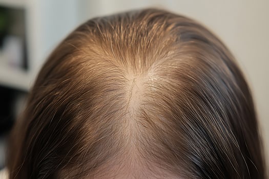 Extreme close up on thinning human hair and scalp showing new growth. photo