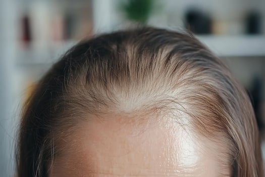 Close Up View of Thinning Hair on a Person's Forehead. photo