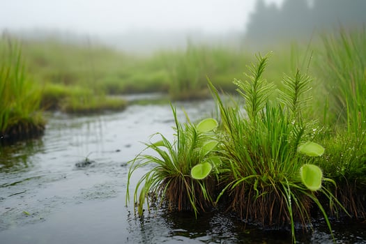 Misty Morning Fog Over Carnivorous Plants and Gentle Stream. photo