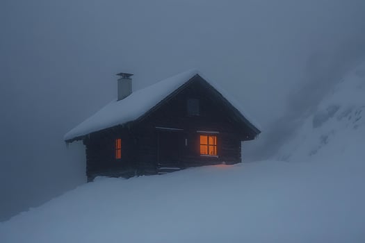 Cozy cabin in the snow, glowing windows on a foggy winter night. photo