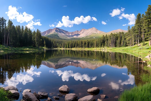 Majestic mountain lake reflects a bright blue sky with fluffy clouds. photo