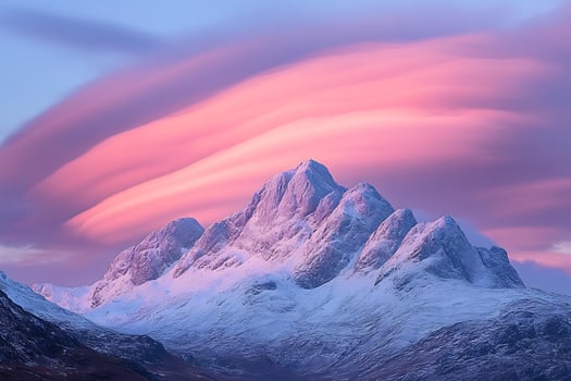 Majestic Snowy Mountain Peaks Under a Soft Pink and Purple Sky. photo