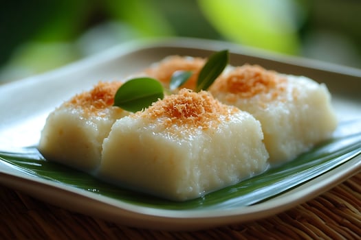 Delicious coconut dessert with a sweet syrup and fresh green leaves. photo
